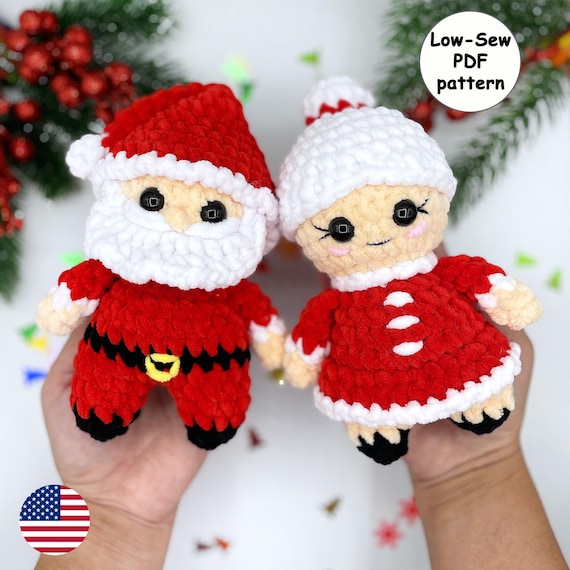 Santa & Mrs. Claus Crochet Patterns, Christmas 2-in-1 Low-Sew Amigurumi Ornament Set