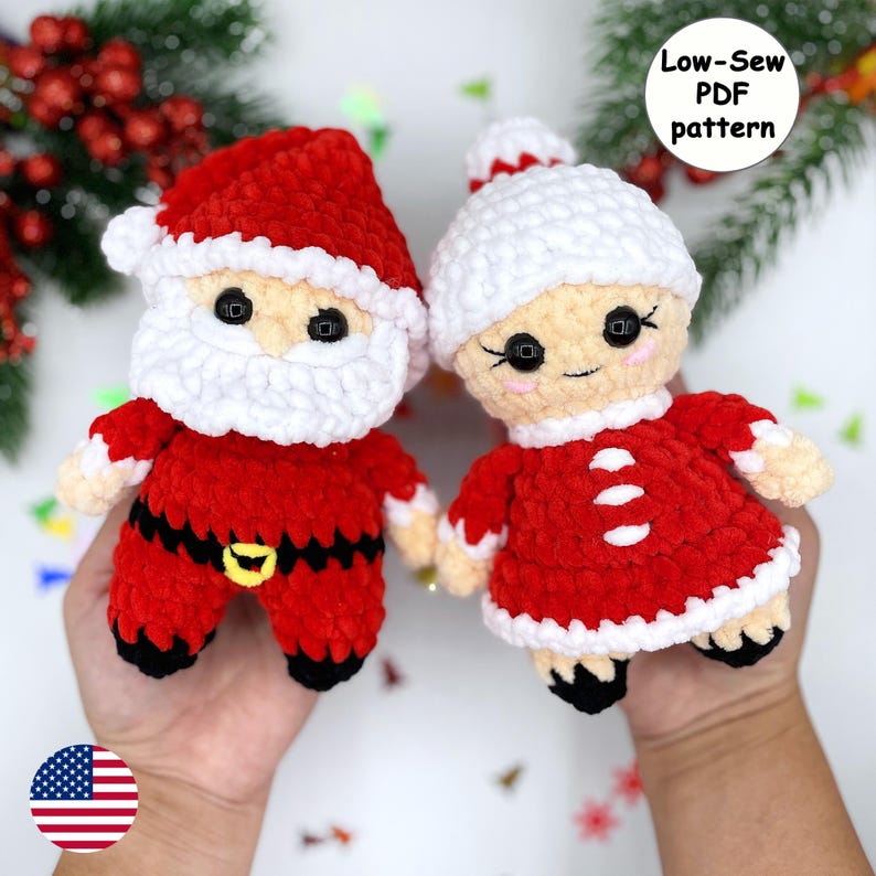 Santa and Mrs. Claus crochet pattern bundle featuring two low-sew Christmas amigurumi dolls made with plush chenille yarn. Festive 2-in-1 PDF pattern for handmade holiday decor, Christmas gifts, craft fair market makes, and seasonal crochet projects.
