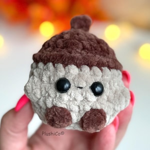 May include: A handmade, plush acorn toy with a light gray body and a dark brown cap. The acorn has two large, black, glossy eyes and small brown feet. The toy is held in a hand with pink nail polish. The brand name "PlushiCo" is visible.