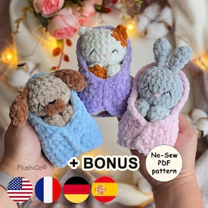 Set de PATRONES CROCHET Amigurumi: Gatito, Conejo y Perrito Dormidos – Sin Costura (PDF)