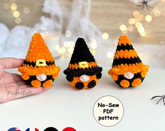 Patrón Crochet Gnomo Bruja, Amigurumi Halloween Sin Coser, Mini Gnomo Rápido Fácil PDF, Peluche Pequeño de Otoño