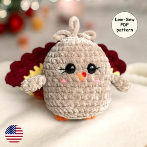 Turkey Crochet LOW SEW PATTERN, Fall Amigurumi Kawaii Animal, Thanksgiving Handmade Gift, Crochet Bird, Cute Stuffed Baby Toy