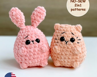 Bunny & Cat CROCHET PATTERN Bundle, No Sew Tiny Amigurumi Kitty Rabbit plushies, Cute Animals, Easy PDF Beginner Tutorial, Easter Baby Toys