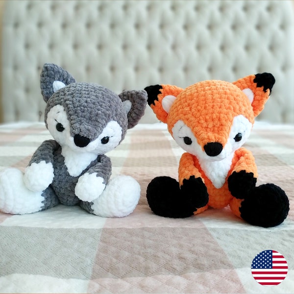 Lupo e volpe MODELLI ALL'UNCINETTO, Animali di peluche ripieni del bosco Amigurumi, Simpatico peluche per bambini