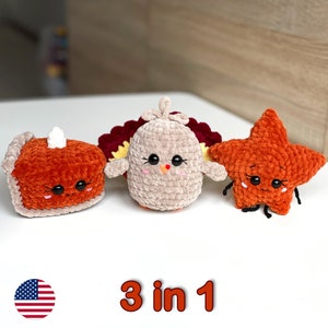 Pumpkin pie, Turkey, Maple Leaf Crochet LOW SEW PATTERNS 3in1, Amigurumi Kawaii Plushies, Thanksgiving Handmade Gift, Cute Stuffed Baby Toys