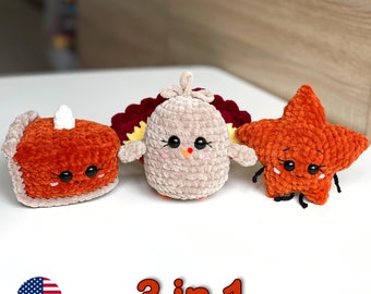 Pumpkin pie, Turkey, Maple Leaf Crochet LOW SEW PATTERNS 3in1, Amigurumi Kawaii Plushies, Thanksgiving Handmade Gift, Cute Stuffed Baby Toys
