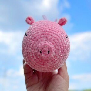 K&ouml;nnte beinhalten: Ein rosa geh&auml;keltes Schweinchenspielzeug mit schwarzen Augen und einer kleinen Schnauze. Das Spielzeug wird in einer Hand vor einem blauen Himmel gehalten.