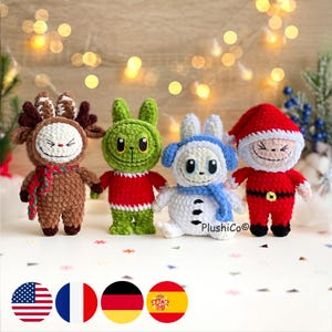 Conejito Sonriente Navideño Patrón de Ganchillo, 4 Personajes de Amigurumi Navideños: Papá Noel, Grinch, Reno, Muñeco de Nieve(Tutorial PDF)