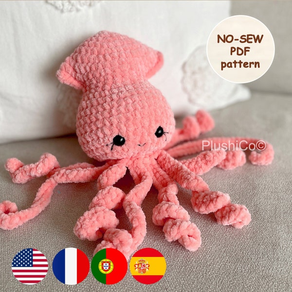 CALAMAR PATRÓN de CROCHET, Sin Costura Animal de peluche de Pulpo Amigurumi, Juguete de peluche para bebé