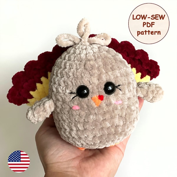 Turkey Crochet LOW SEW PATTERN, Amigurumi Kawaii Animal, Thanksgiving Handmade Gift, Crochet Bird, Cute Stuffed Baby Toy