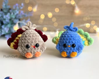 Turkey & Peacock Crochet Pattern, 2-in-1 Mini Birds Amigurumi, Low Sew Plushies, Easy Beginner PDF
