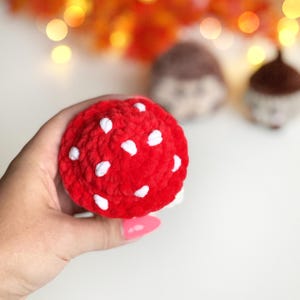 May include: A plush, red mushroom with white spots is held in a hand. The mushroom is the focal point, with a soft, textured appearance. Other crocheted items are blurred in the background.