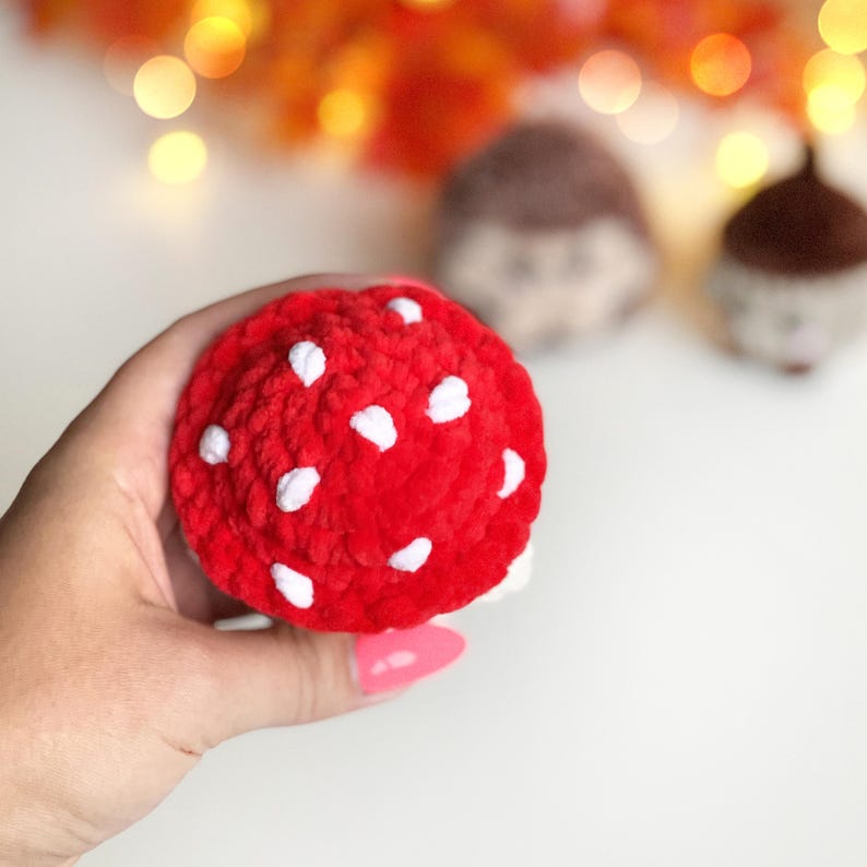 May include: A plush, red mushroom with white spots is held in a hand. The mushroom is the focal point, with a soft, textured appearance. Other crocheted items are blurred in the background.