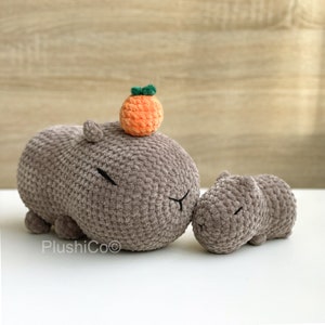 May include: Two crocheted plush capybaras, one larger than the other, with the larger one wearing an orange crocheted fruit on its head. Both capybaras are gray and have black eyes.
