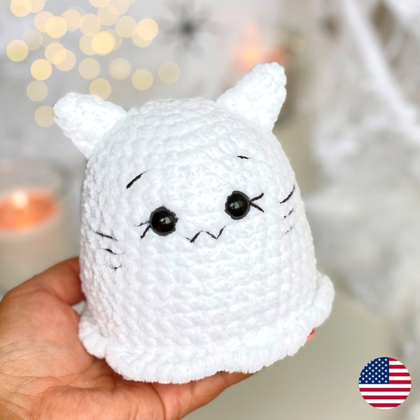 Cat Ghost Crochet PATTERN, Halloween Amigurumi Plushie, Stuffed Cute Kitty Plush Baby Toy, Holiday Gifts, Low Sew DIY Tutorial for Beginners