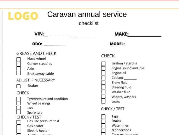 PDF Printable Caravan Service Checklist, RV Checklist, Annual Service
