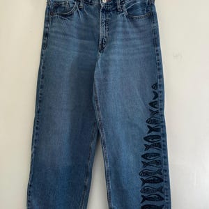 Hand-Altered Fish Print Wide Leg Jeans Asymmetrical Denim Size 8