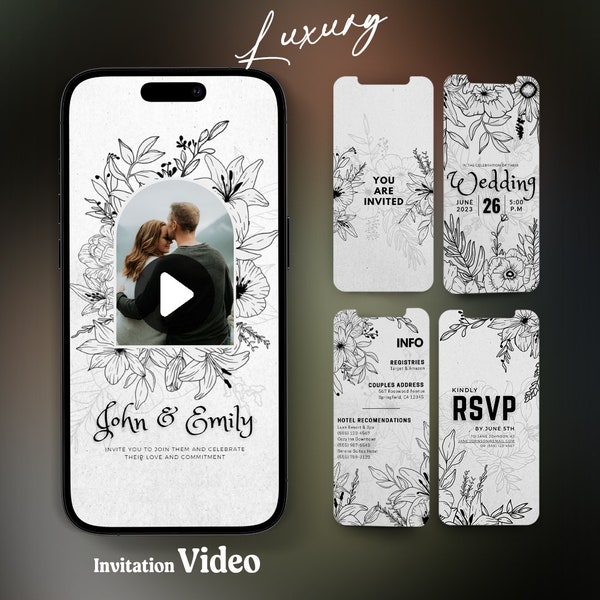 Animated Wedding Video Invitation Template, Digital Phone Invite, Wedding Invitation Instant Download, Canva Text Message Floral Line Art