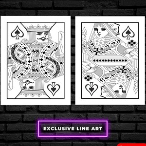 Set of 2 l King and Queen l Exclusive Line Art l Digitally Hand-Drawn l Playing Card l Canvas Print l Printable l Digital Download l Casino