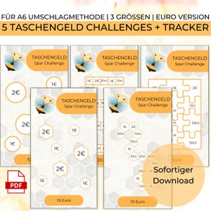 May include: Five printable bee-themed money saving challenge sheets for kids. Each sheet features a honeycomb pattern and a cartoon bee. The sheets include different denominations of Euro coins, including 10 Euro, 2 Euro, 1 Euro, 50 cents, 20 cents, 10 cents, and 1 cent. The text on the sheets reads "Taschengeld Spar Challenge" which translates to "Pocket Money Savings Challenge".