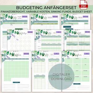 Puede incluir: Un conjunto de hojas de cálculo de presupuesto imprimibles con un diseño floral verde y blanco. El conjunto incluye páginas para gastos mensuales, fondos de previsión y una hoja de presupuesto. El texto "BUDGETING ANFÄNGERSET" está en la parte superior de la página.