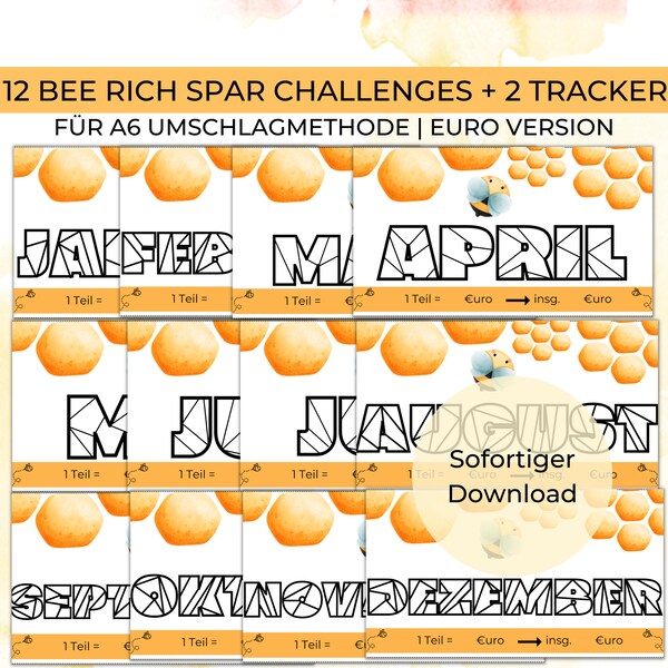 12 Bee Rich Spar Challenges mit Honig Design + 2 Tracker für A6 Umschläge Umschlagmethode im Budget Binder | Digitaler PDF Download | Monate