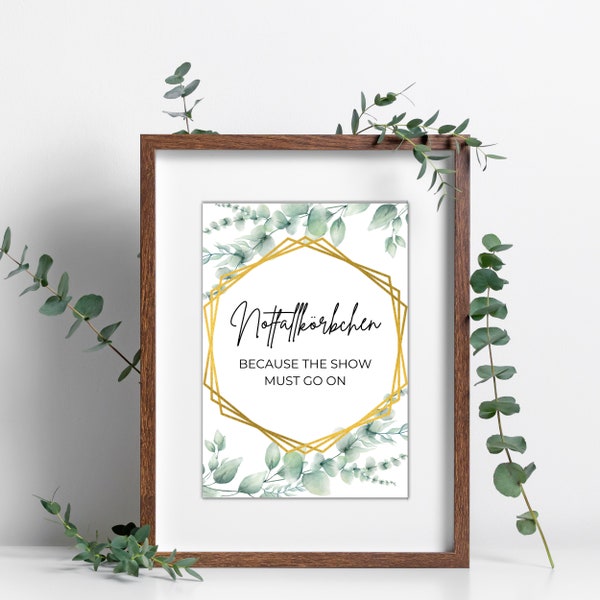 Notfallkörbchen Schild Hochzeit | Notfallbox Poster Hochzeitsdeko | Greenery Eukalyptus Hexagon | Badezimmer Deko | 3 Größen Sofort Download