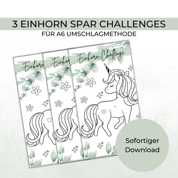 3 Spar Challenges mit Eukalyptus Design für A6 Umschläge Umschlagmethode im Budget Binder | Digitaler PDF Download | Einhorn