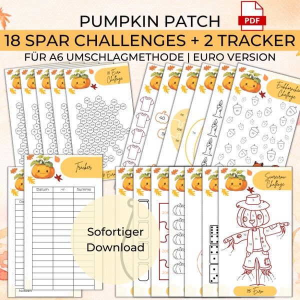 18 Pumpkin Patch Spar Challenges + 2 Tracker A6 Umschläge Umschlagmethode Budget Binder | Digitaler PDF Download | Kürbis Herbst Halloween