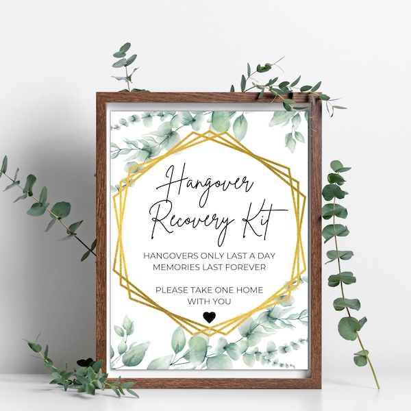 Signe de mariage Kit de récupération de la gueule de bois | Décor de station SOS après la fête | Verdure Eucalyptus Hexagone | Inspiration | 5 tailles Téléchargement instantané PDF JPEG