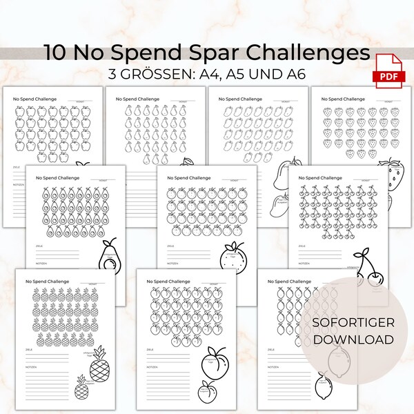 10 No Spend Spar Challenges für Budget Planer Binder Obst Thema Mango Apfel Birne Ananas Kirsche | Größe A4 A5 A6 | Sofortiger PDF Download