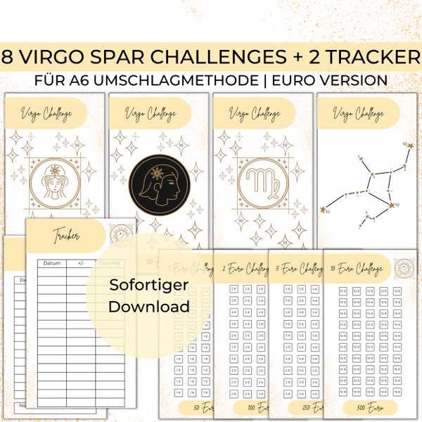 8 Sternzeichen Jungfrau Zodiac Virgo Spar Challenges + 2 Tracker EURO A6 Umschläge Umschlagmethode im Budget Binder | Digitaler PDF Download
