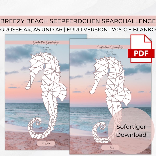 Breezy Beach Seepferdchen Urlaub Sparchallenge | 3 Größen A4 A5 A6 | Digitaler PDF Download | 2 Versionen 705 Euro & Blanko Corlage