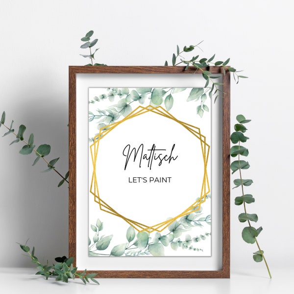 Maltisch Schild Hochzeit | DIY Basteln Station Poster Hochzeitsdeko | Greenery Eukalyptus Hexagon | Buffet Deko | 3 Größen Sofort Download