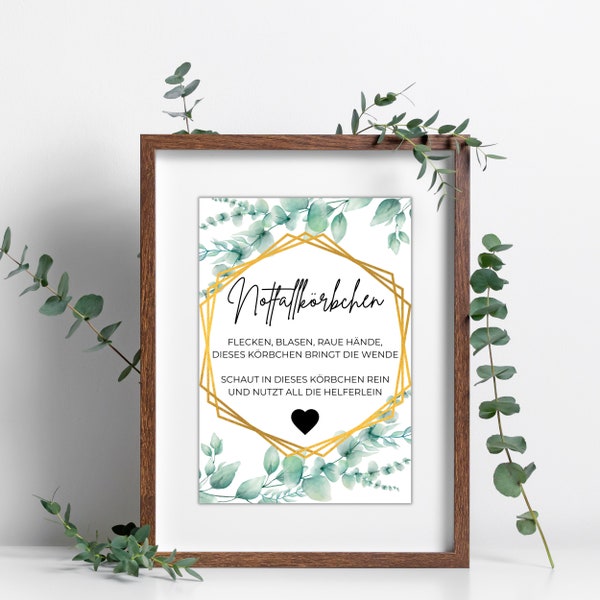 Notfallkörbchen Schild Hochzeit | Notfallbox Poster Hochzeitsdeko | Greenery Eukalyptus Hexagon | Badezimmer Deko | 3 Größen Sofort Download