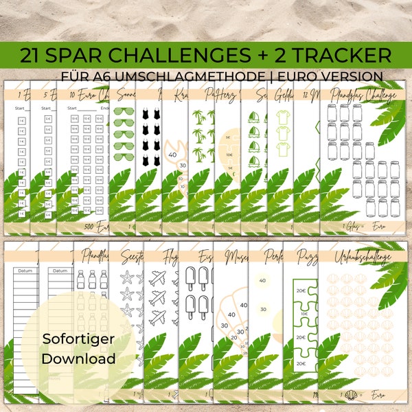 21 Spar Challenges + 2 Tracker für A6 Umschläge Umschlagmethode im Budget Binder Planer | Digitaler PDF Download | Urlaub Muschel Dschungel