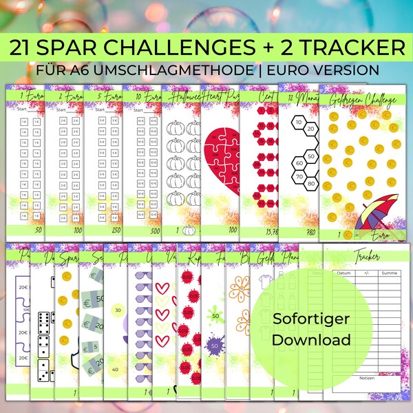 21 Spar Challenges + 2 Tracker für A6 Umschläge Umschlagmethode im Budget Binder Planer | Digitaler PDF Download | Regenbogen Farbsplash