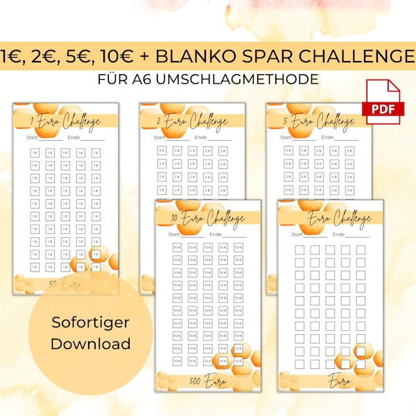 1 2 5 10 EUR + Blanko Spar Challenge + 2 Tracker für A6 Umschläge Umschlagmethode im Budget Binder | Digitaler PDF Download | Honig Waben