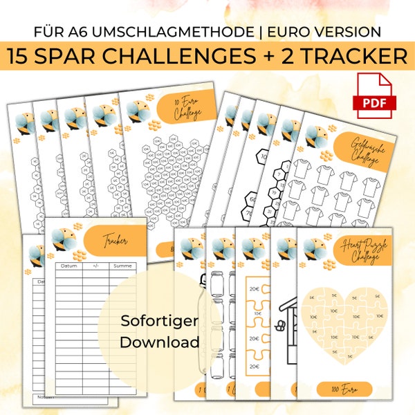 15 Bee rich Spar Challenges + 2 Tracker EURO für A6 Umschläge Umschlagmethode im Budget Binder | Digitaler PDF Download | Honig Biene Waben