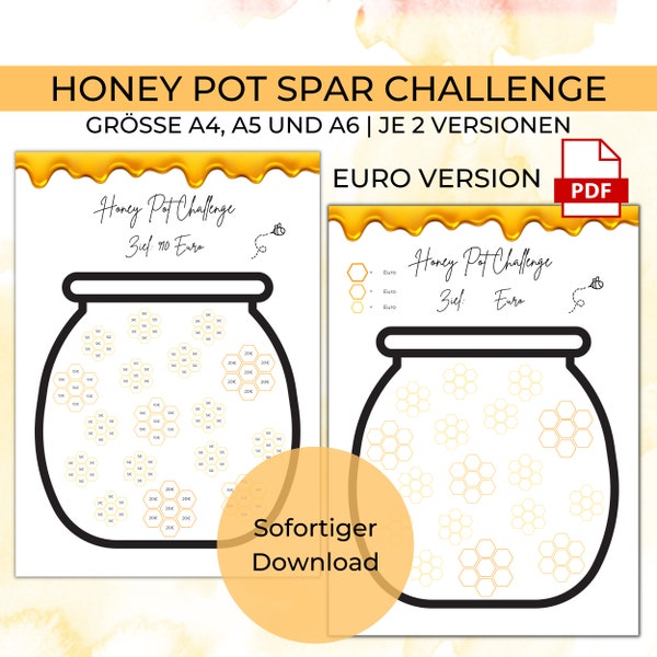 Honey Pot Honigglas Waben EURO Spar Challenge in A4, A5 und A6 | Digitaler PDF Download | Hexagon Honig Biene | 910 Euro + Blanko Vorlage