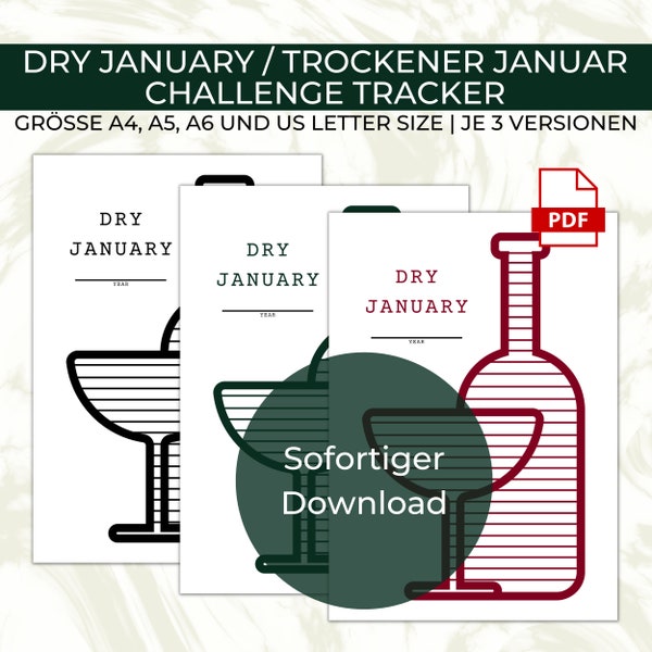 Dry January No Drink Gesundheit Health Challenge in A4 A5 A6 und US letter size | Digitaler PDF Download | New Year Year's Resolutions