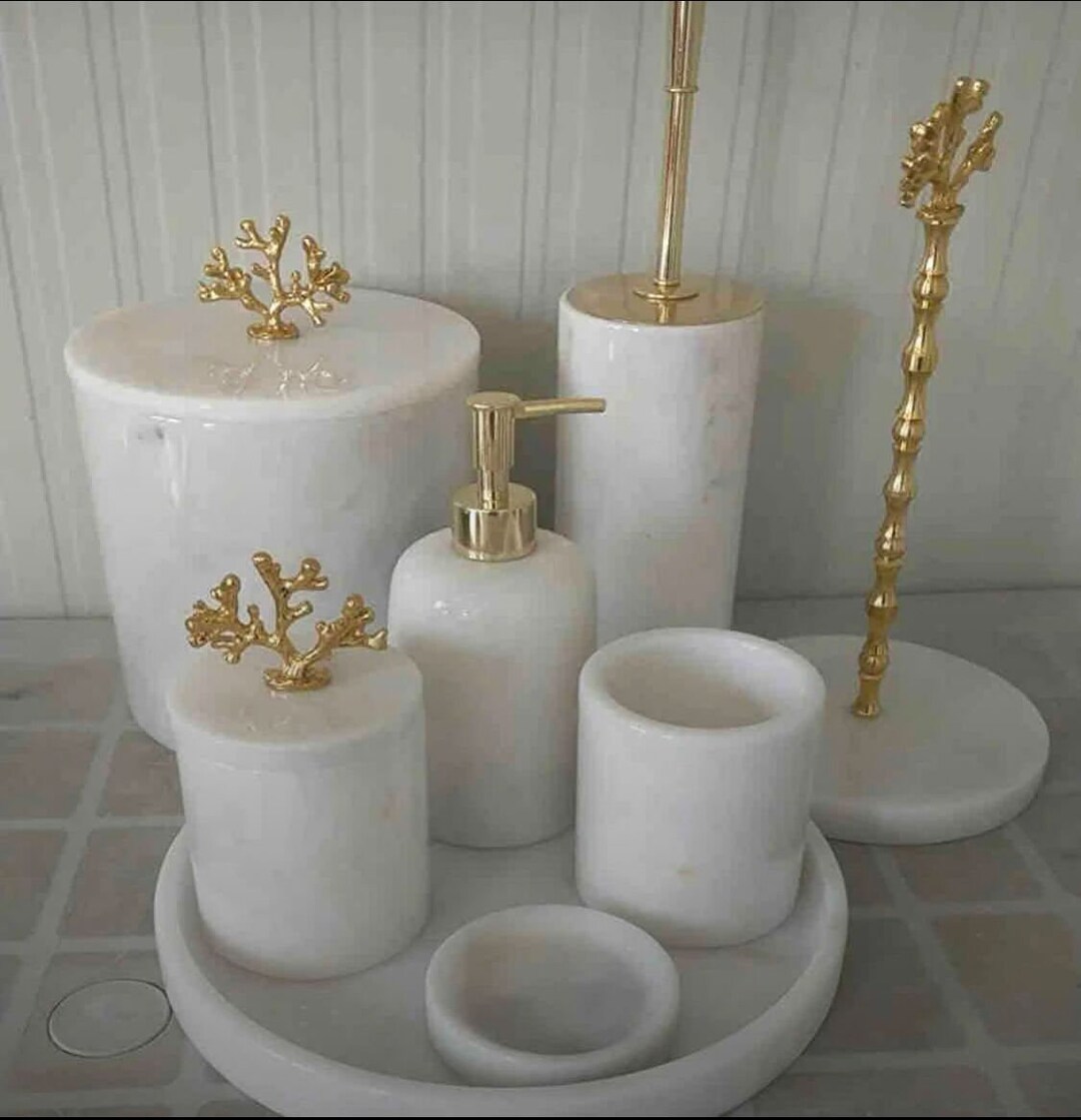 Natural Marble Bathroom Set, Classic White 8 Pieces Handcrafted Marble Bathroom Set Decor,100