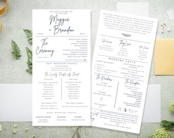 May include: A wedding programme with a white background and black text. The programme includes the names of the bride and groom, Maggie and Brandon, the date of the wedding, and a list of the wedding party. The programme also includes information about the ceremony, reception, and wedding facts.