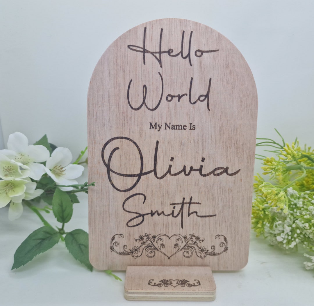 Baby Arrival Sign | Hello My Name is Sign L Engraved Baby Name | Birth ...