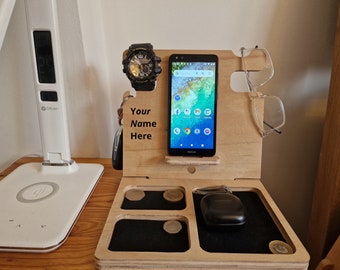 Wood Docking Station, Fathers Day Gift, Mens Gift, Engraved Desk Organiser for Men, Gifts for Him, Gift for Husband, Gift for Boyfriend