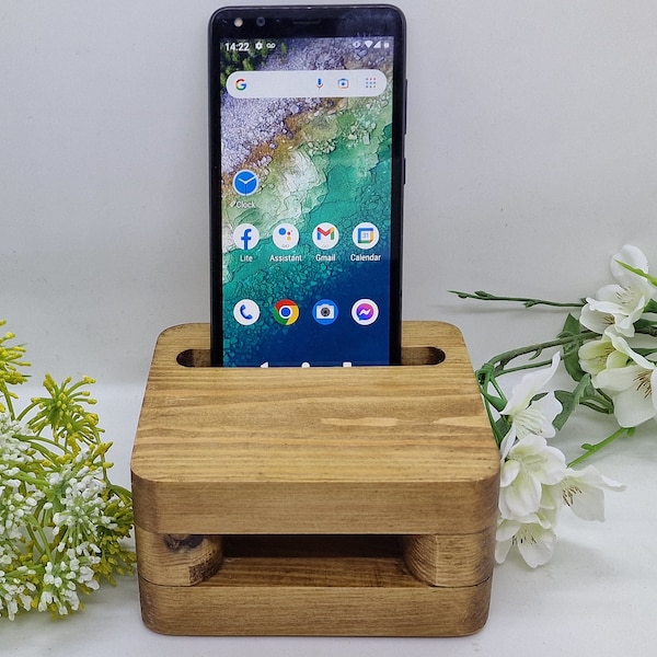 Rustieke houten passieve versterker en smartphonestandaard, houten telefoonstandaard, gepersonaliseerd cadeau, akoestische luidspreker