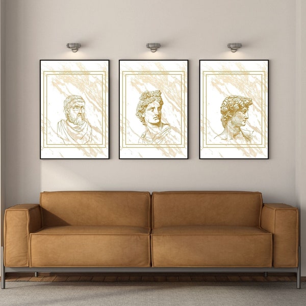 Set of 3 Ancient Greek Statues Posters - Head Statue Poster, Greek Sculpture, Digital Download, Famous Roman Statues,  Home Decor, Gold