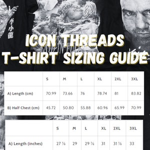 May include: A black and white t-shirt sizing guide with measurements in centimeters and inches. The guide shows the length and half chest measurements for sizes S, M, L, XL, 2XL, and 3XL.