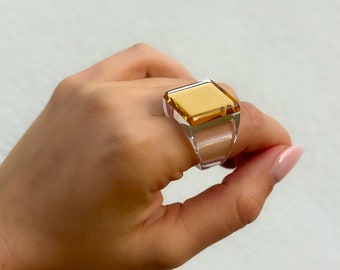 Grosse bague miroir dorée contemporaine pour femmes, pièce unique et tendance de créateur français, Bague de fête brillante, Cadeau de Noël