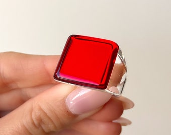 Large colorful red ring in contemporary style for women, unique and trendy piece from French designer, Party ring, Christmas gift